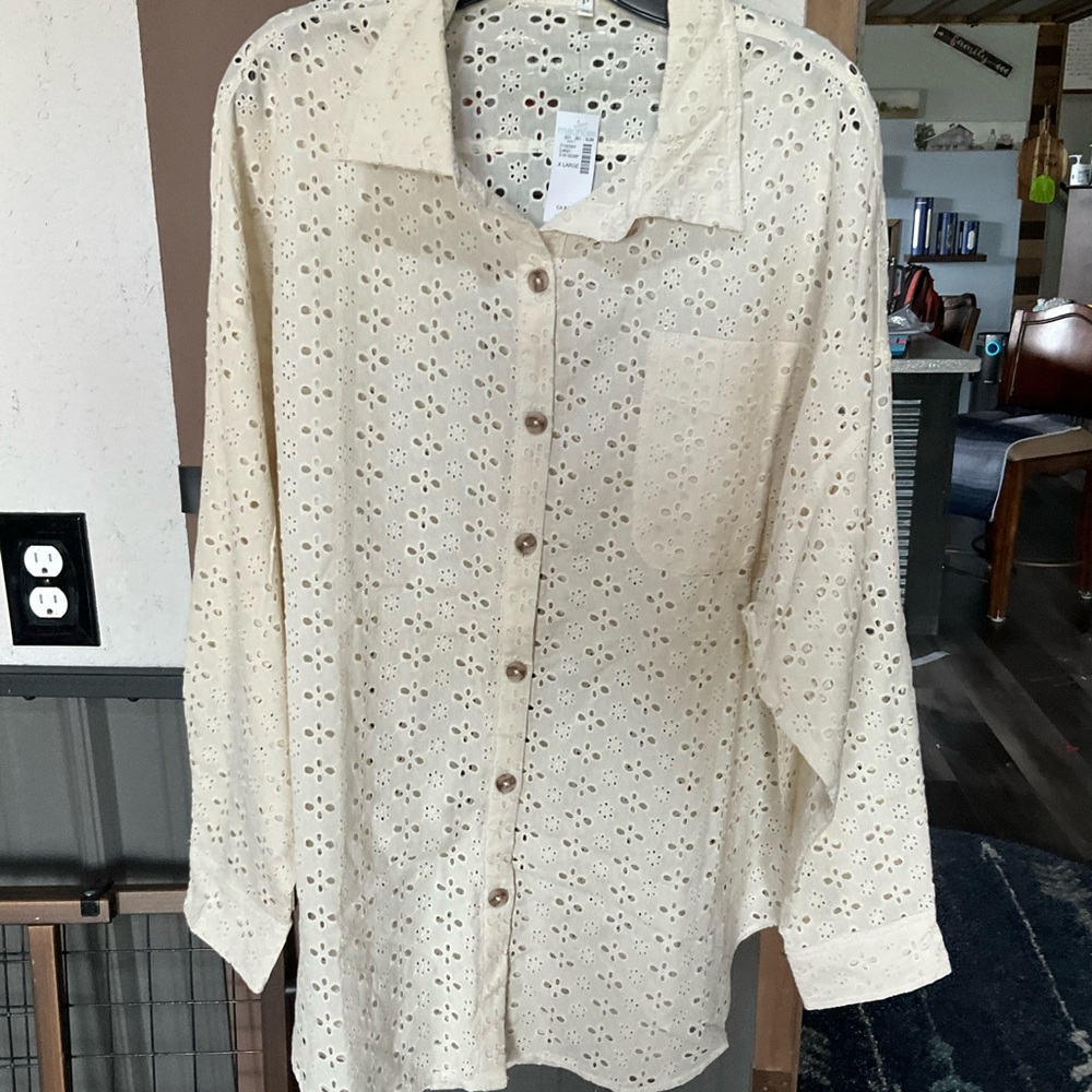 Maurices Cream Eyelet Button-Down Shirt
